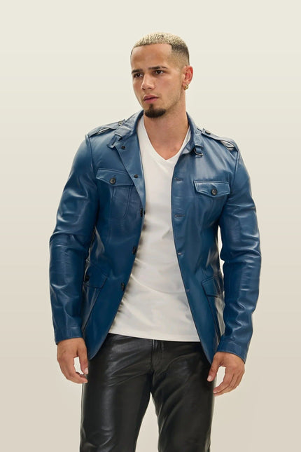Genuine Leather Safari Jacket - Blue