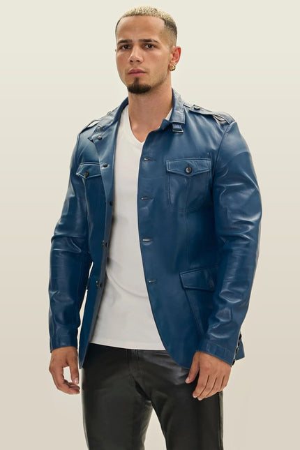 Genuine Leather Safari Jacket - Blue