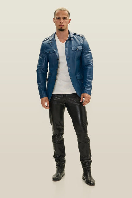 Genuine Leather Safari Jacket - Blue