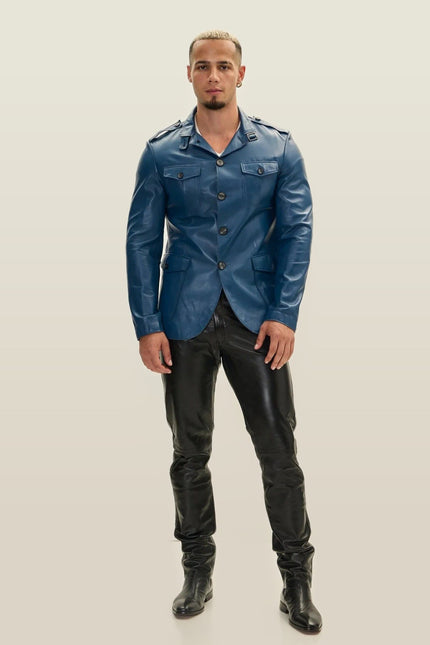 Genuine Leather Safari Jacket - Blue