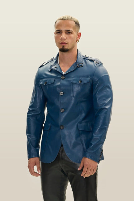 Genuine Leather Safari Jacket - Blue