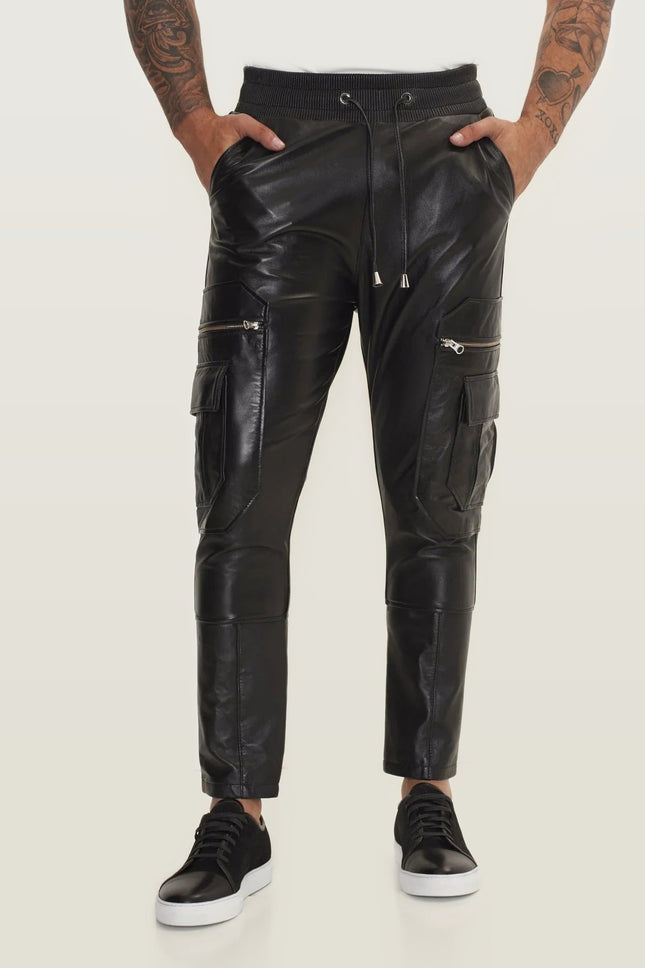 Lambskin Leather Joggers - Black