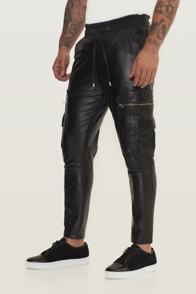 Lambskin Leather Joggers - Black