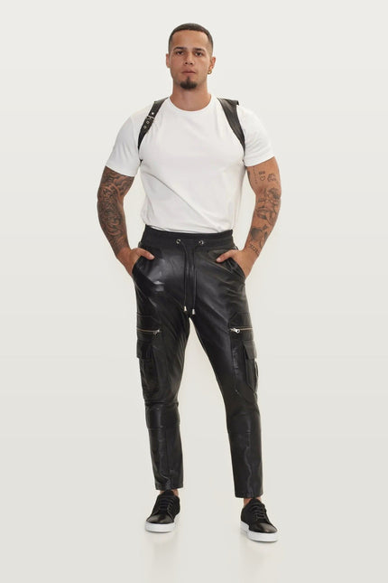 Lambskin Leather Joggers - Black