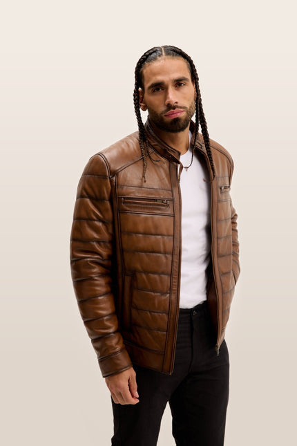 Quilted Leather Motorcycle Jacket - Brown Tint