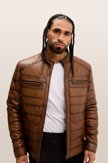 Quilted Leather Motorcycle Jacket - Brown Tint