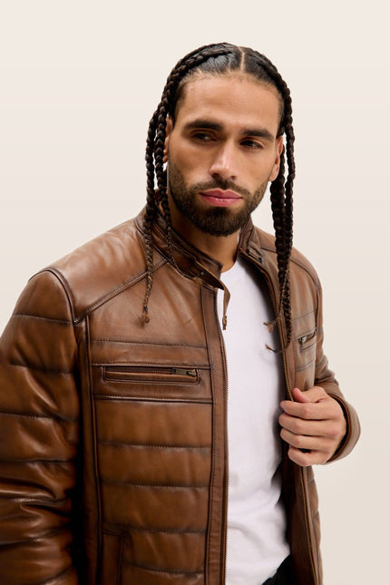 Quilted Leather Motorcycle Jacket - Brown Tint