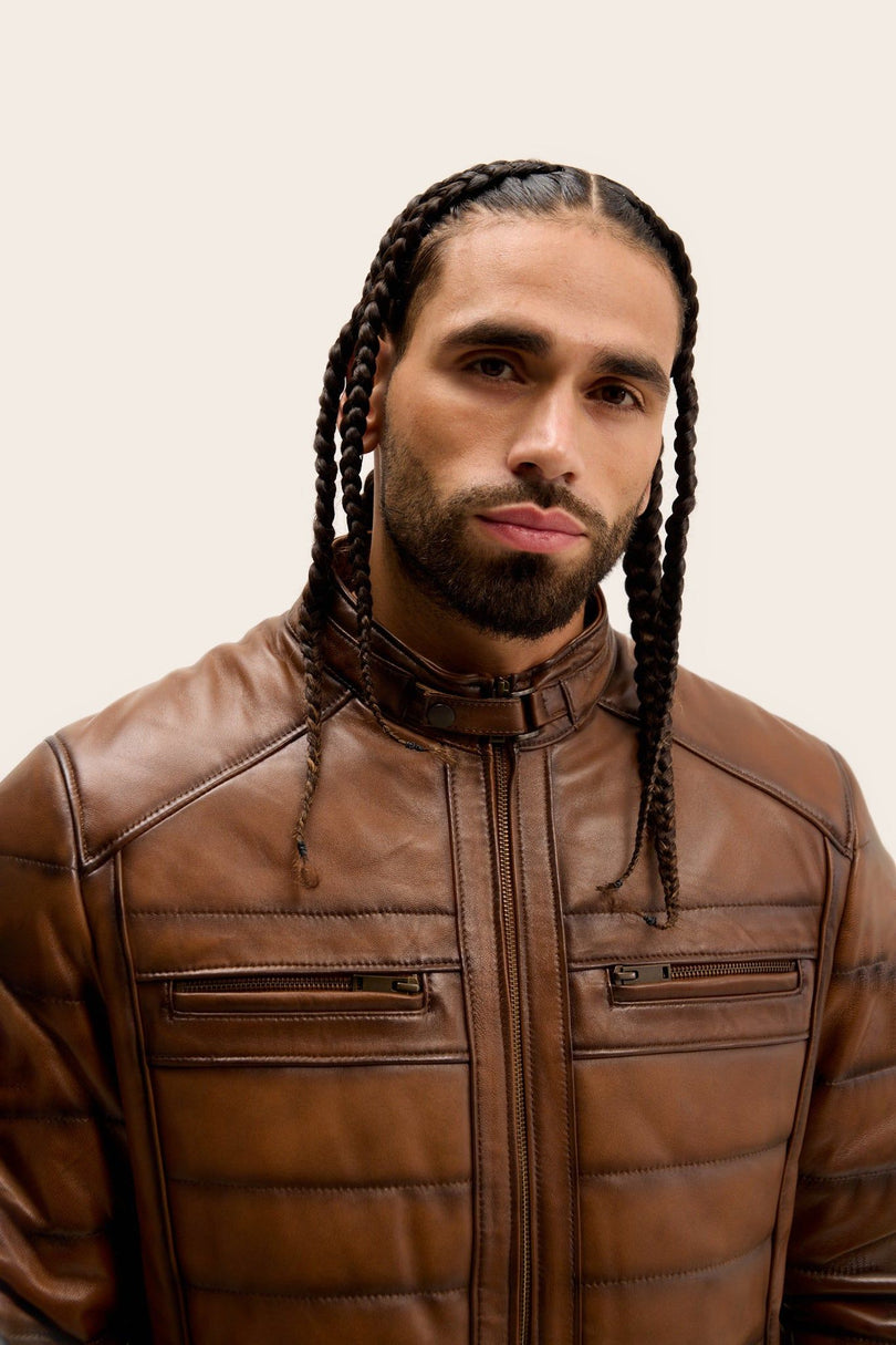 Quilted Leather Motorcycle Jacket - Brown Tint