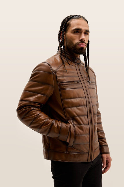 Quilted Leather Motorcycle Jacket - Brown Tint
