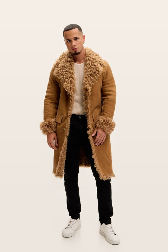 Lambskin Suede Shearling-Lined Overcoat - Camel