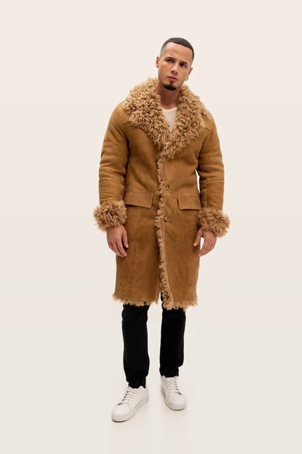 Lambskin Suede Shearling-Lined Overcoat - Camel