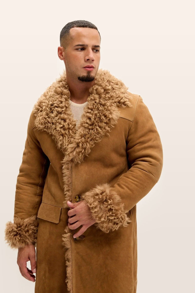 Lambskin Suede Shearling-Lined Overcoat - Camel