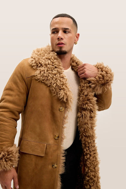 Lambskin Suede Shearling-Lined Overcoat - Camel