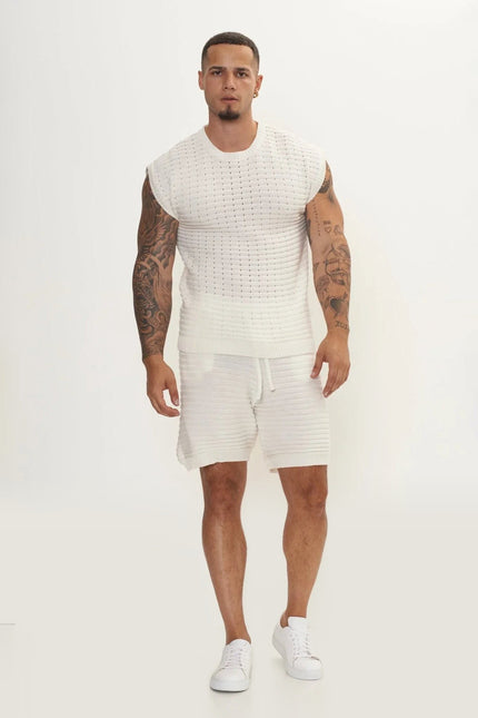 Eyelet short sleeve Knit Top and Shorts Set - Off-White