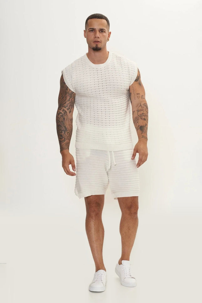 Eyelet short sleeve Knit Top and Shorts Set - Off-White