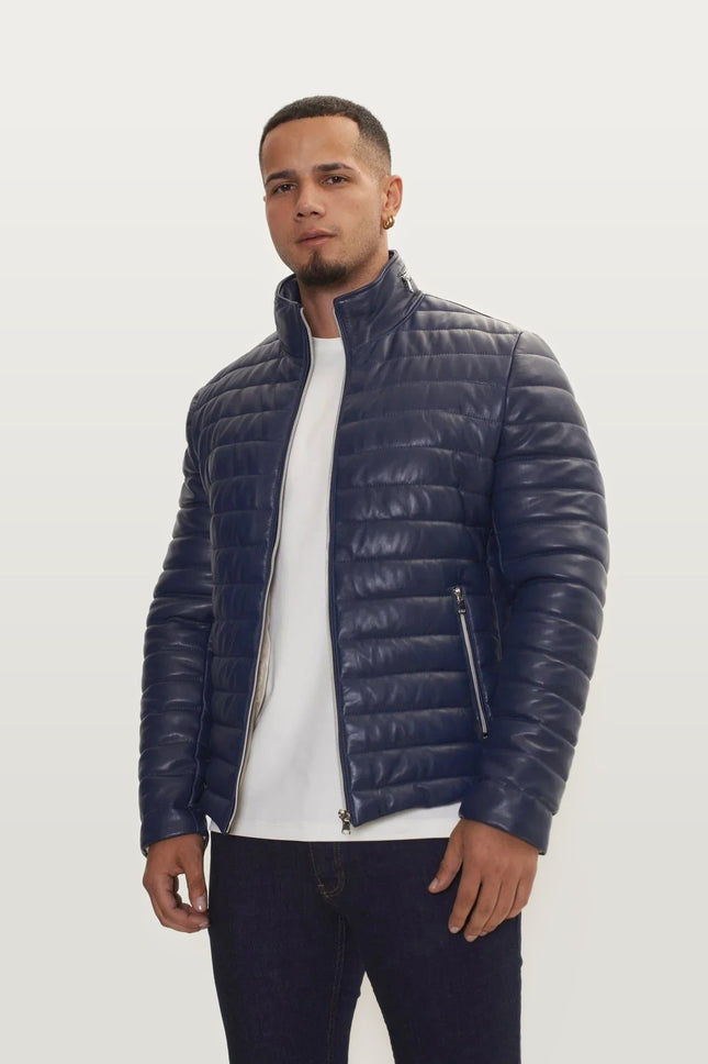 Lambskin Leather Puffer Jacket - Navy