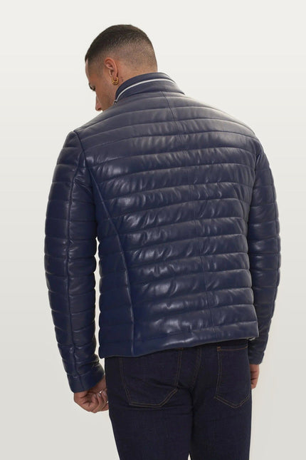 Lambskin Leather Puffer Jacket - Navy