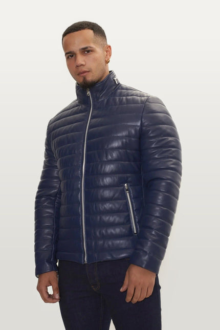 Lambskin Leather Puffer Jacket - Navy