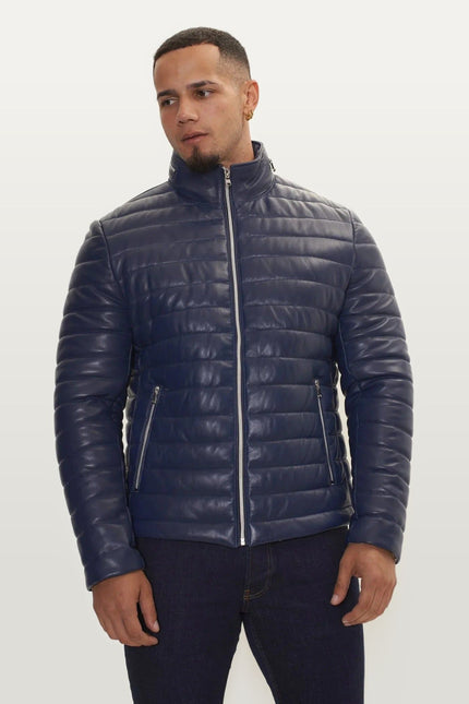 Lambskin Leather Puffer Jacket - Navy