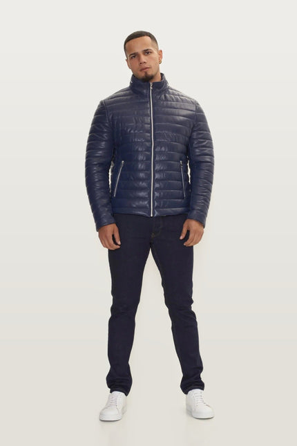 Lambskin Leather Puffer Jacket - Navy