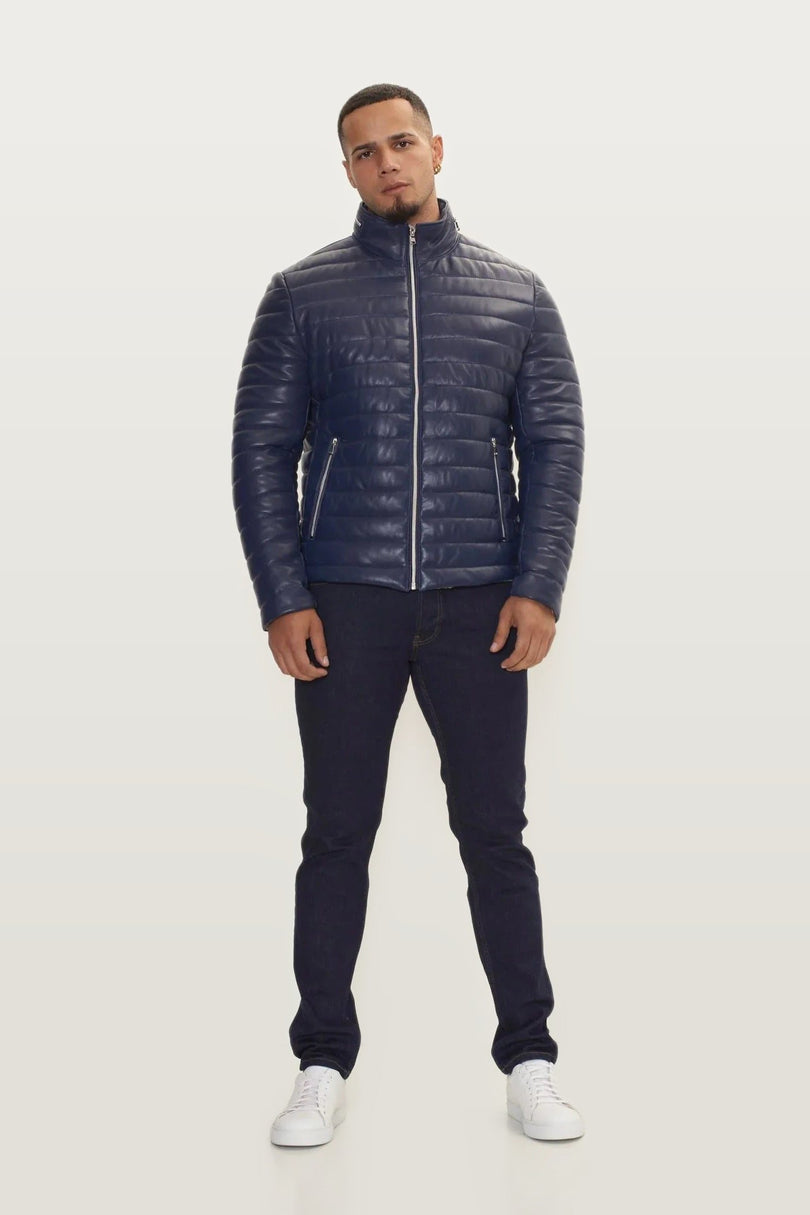 Lambskin Leather Puffer Jacket - Navy