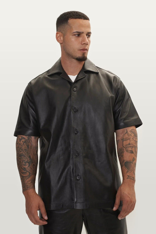Short-Sleeve Lambskin Leather Shirt - Black
