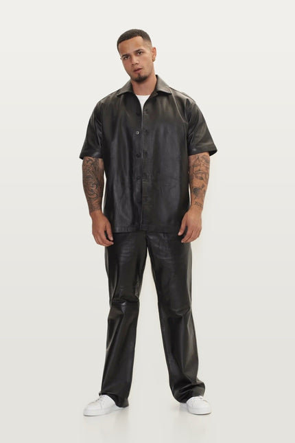 Short-Sleeve Lambskin Leather Shirt - Black