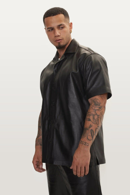 Short-Sleeve Lambskin Leather Shirt - Black