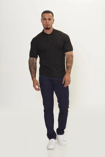 Fine Ribbed Polo Shirt - Black