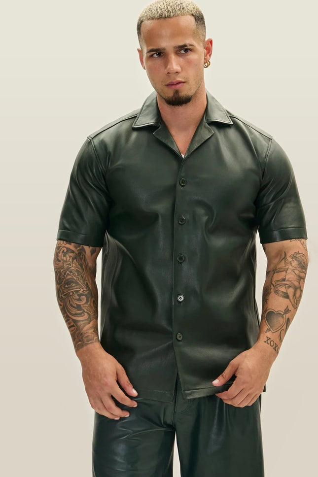 Short-Sleeve Lambskin Leather Shirt - Olive
