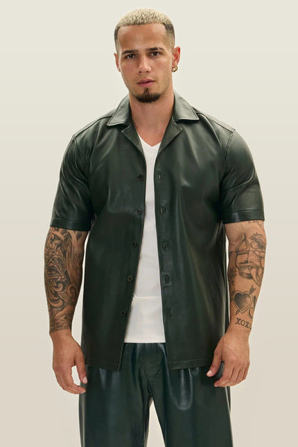 Short-Sleeve Lambskin Leather Shirt - Olive