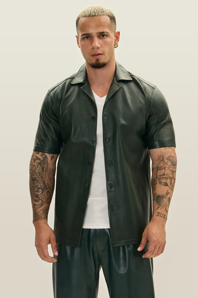 Short-Sleeve Lambskin Leather Shirt - Olive
