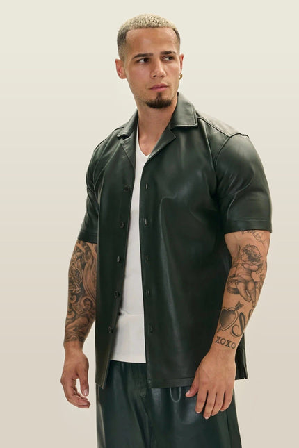 Short-Sleeve Lambskin Leather Shirt - Olive