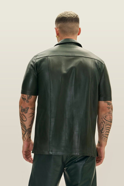 Short-Sleeve Lambskin Leather Shirt - Olive