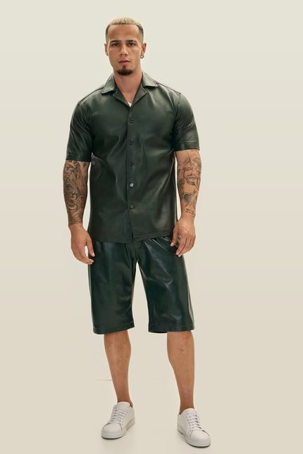 Short-Sleeve Lambskin Leather Shirt - Olive
