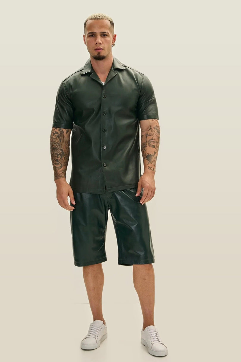 Short-Sleeve Lambskin Leather Shirt - Green