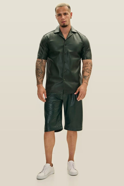 Short-Sleeve Lambskin Leather Shirt - Olive