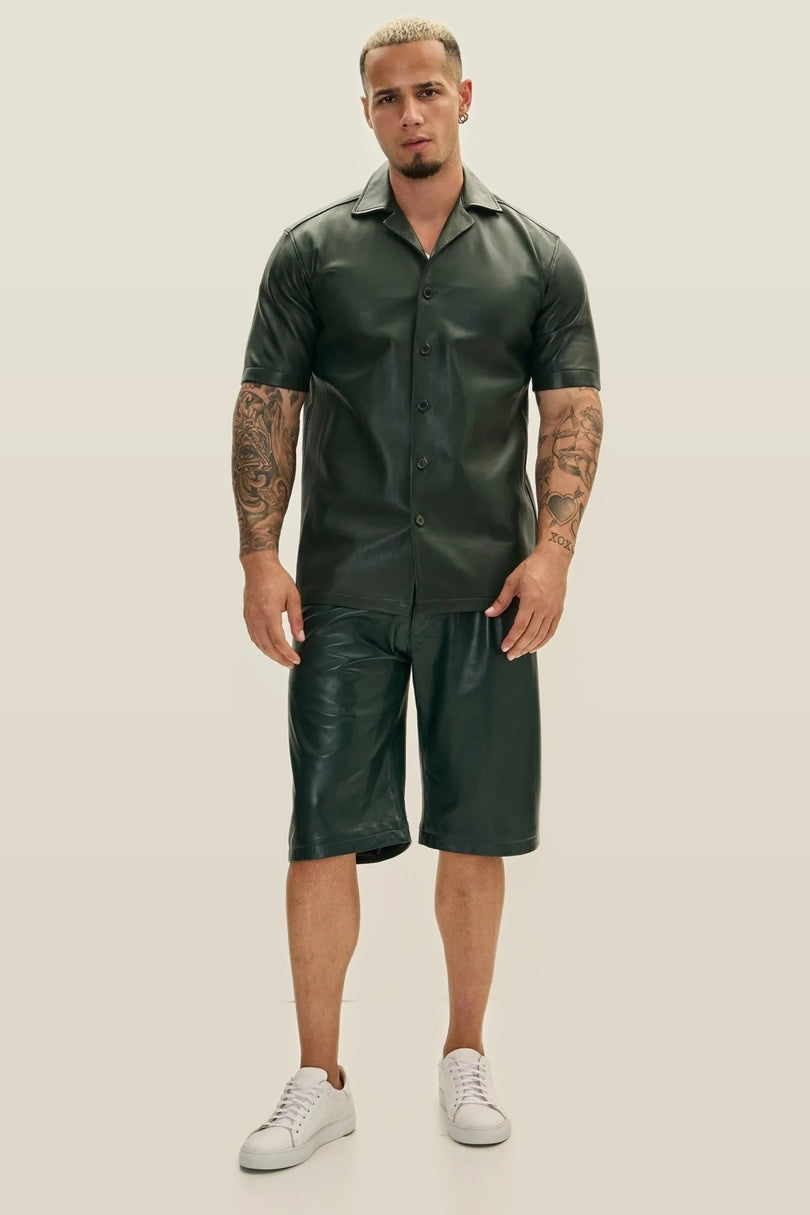 Short-Sleeve Lambskin Leather Shirt - Green
