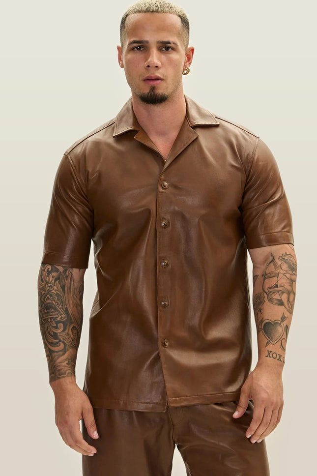 Short-Sleeve Leather Shirt - Brown