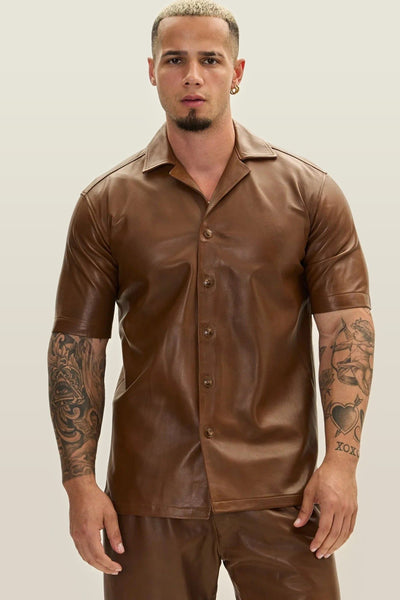 Men's Short-Sleeve Nappa Leather Shirt - Brown | Ron Tomson