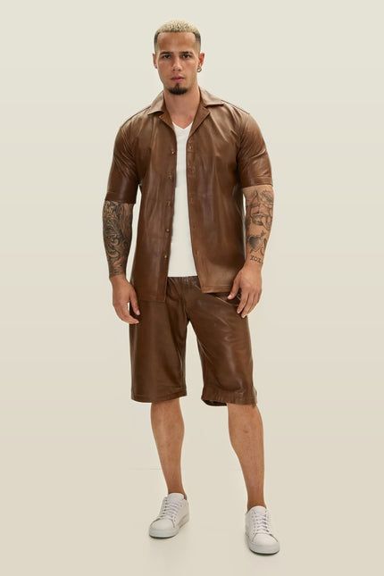 Short-Sleeve Leather Shirt - Brown