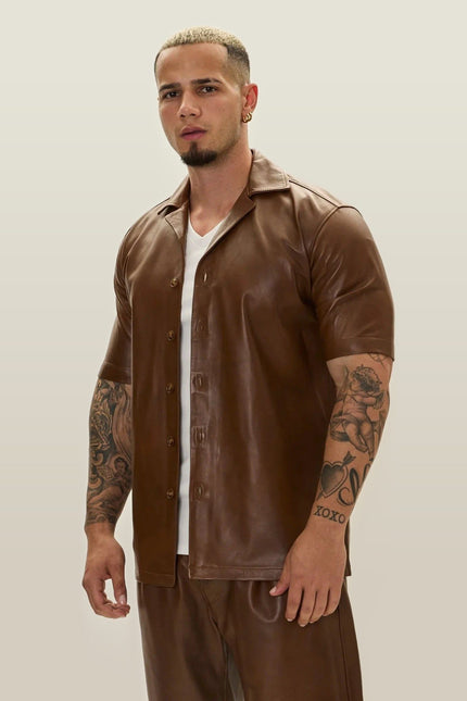 Short-Sleeve Leather Shirt - Brown