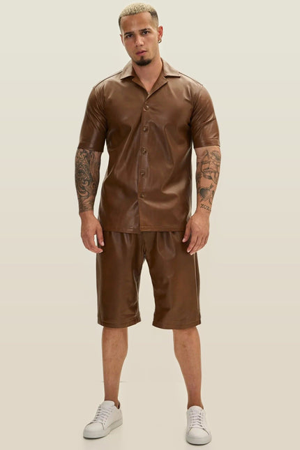 Short-Sleeve Leather Shirt - Brown