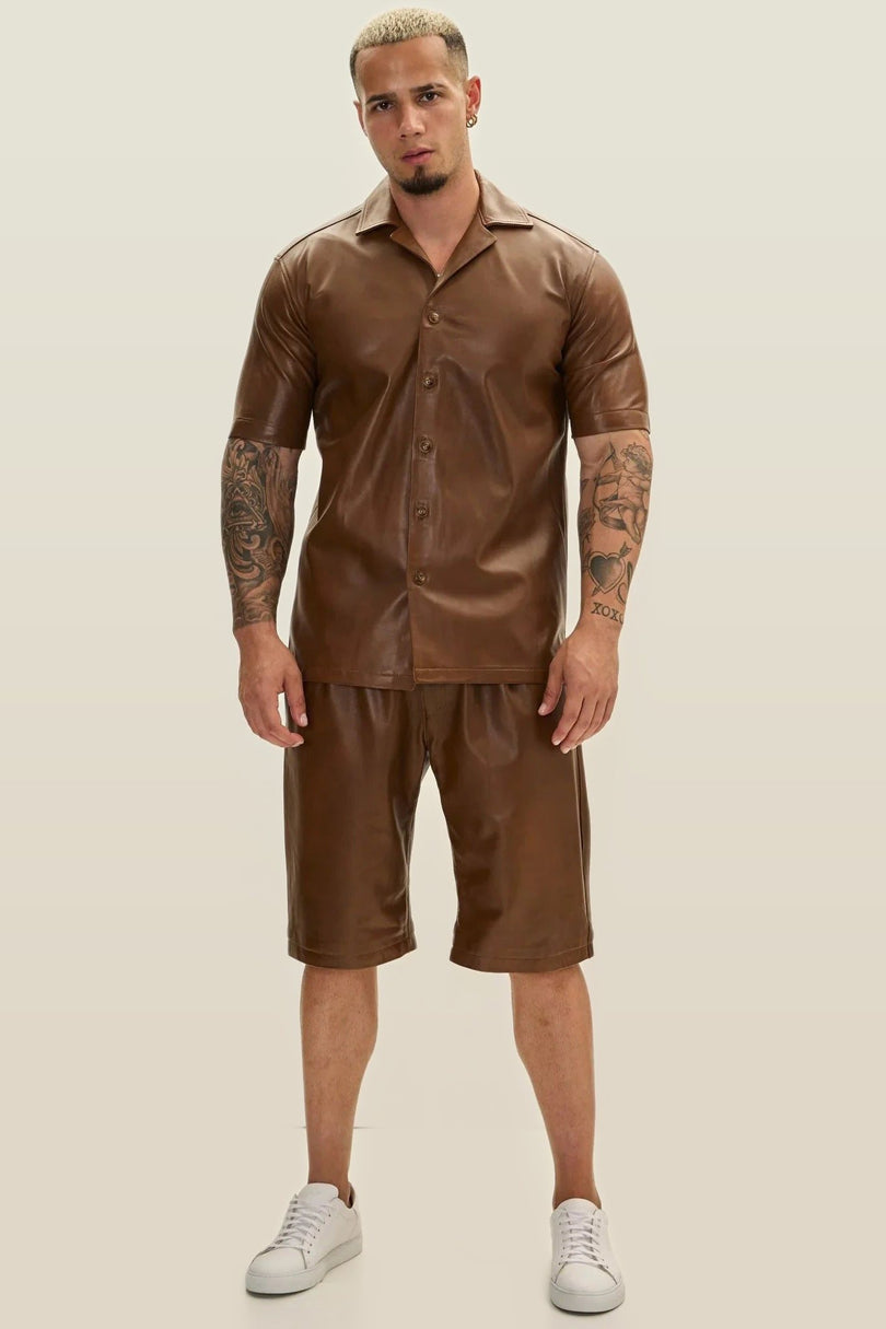 Short-Sleeve Leather Shirt - Brown