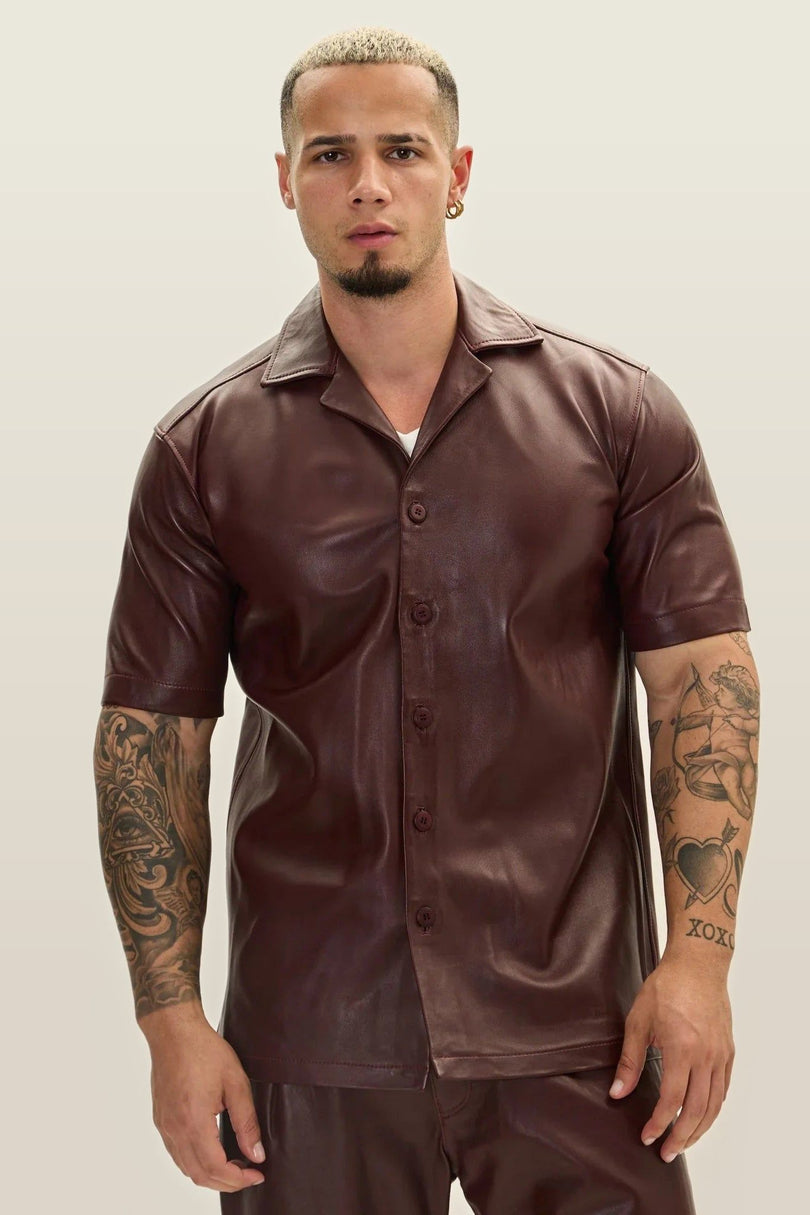 Men's Short Sleeve Leather Shirt Jacket - Burgundy