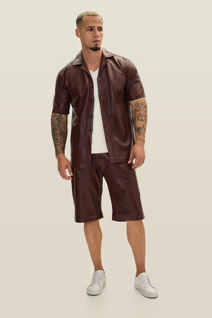 Short-Sleeve Lambskin Leather Shirt - Burgundy