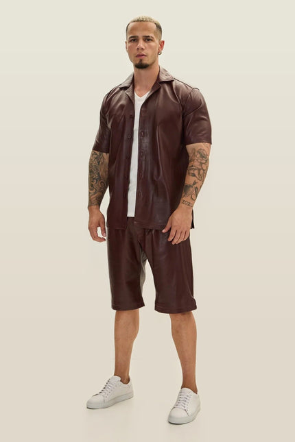 Short-Sleeve Lambskin Leather Shirt - Burgundy