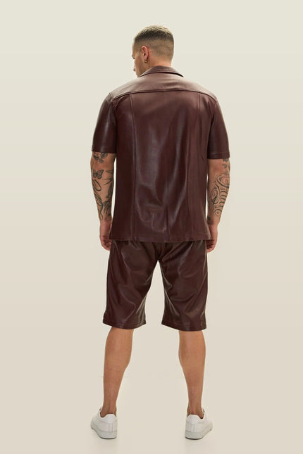 Short-Sleeve Lambskin Leather Shirt - Burgundy