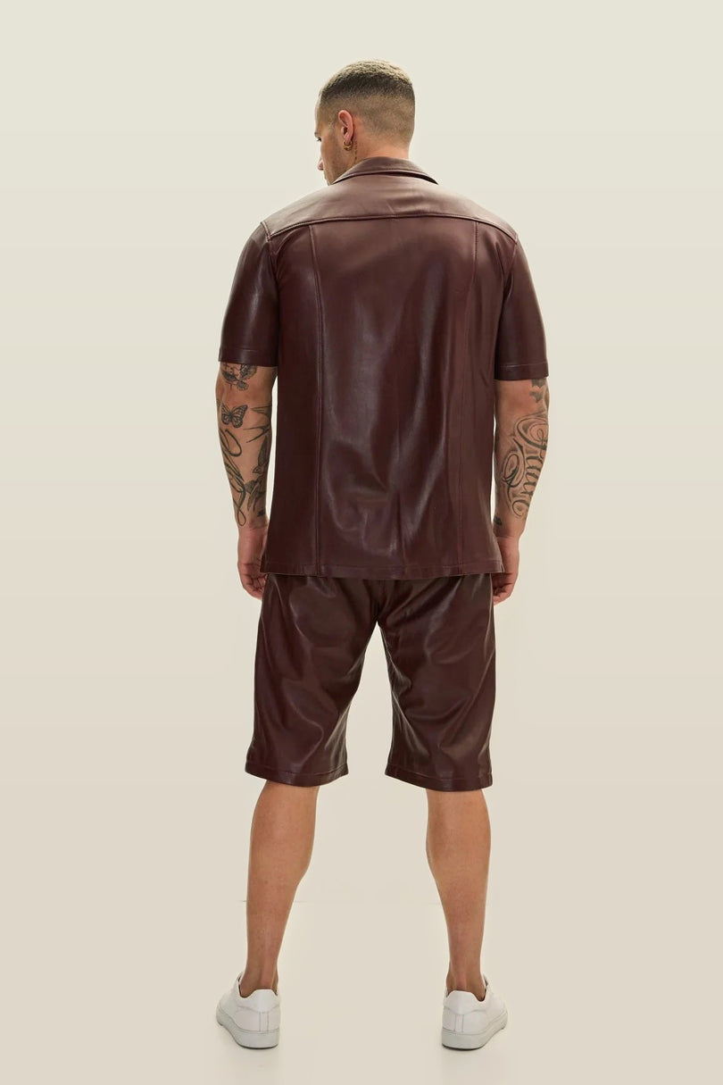 Short-Sleeve Lambskin Leather Shirt - Burgundy