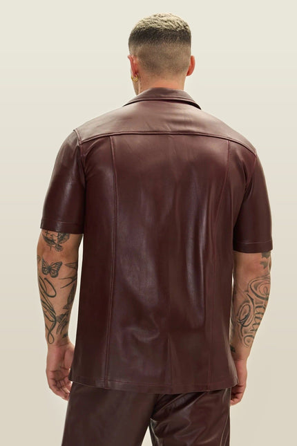 Short-Sleeve Lambskin Leather Shirt - Burgundy